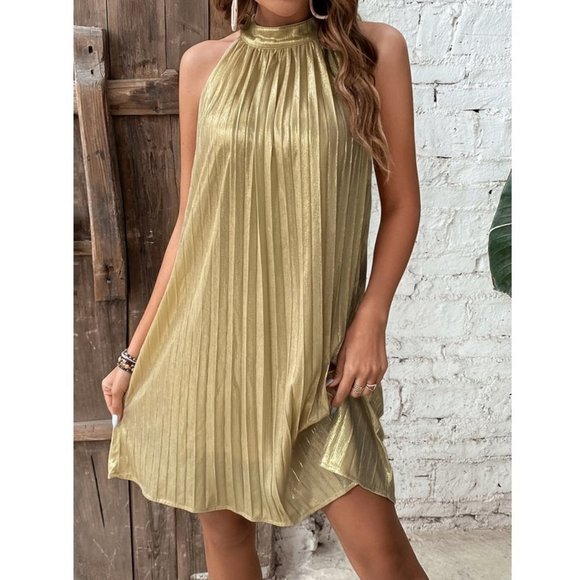 Gold Metallic Pleated Halter Neck tied back Mini Dress - Picture 5 of 7